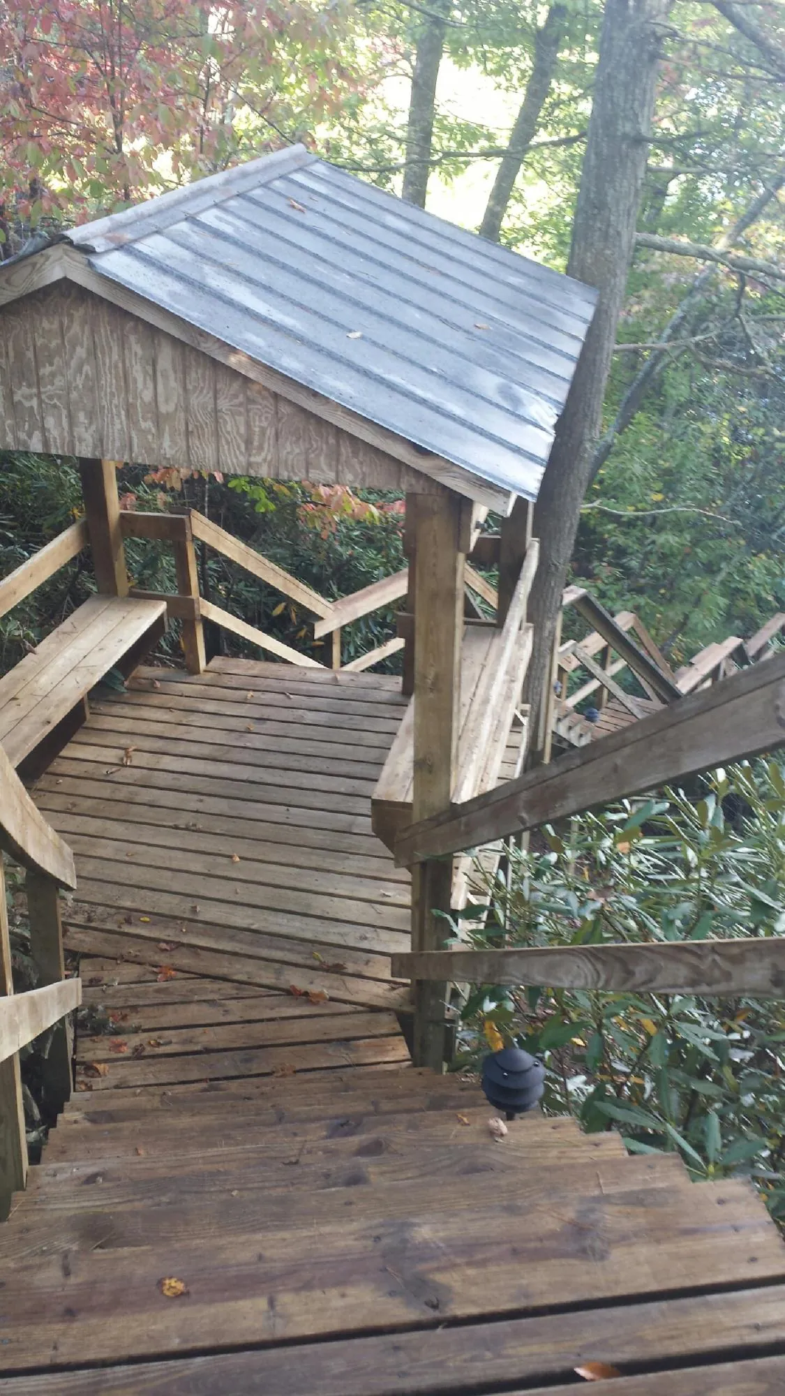 Metal roofed shelter over wooden steps on a wooded walkway — Skylight Repair & Installation work by our crew in Enigma
